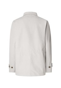 Manteau gris clair avec une coupe droite, détails de couture au dos et poignets à boutons. Fabriqué en tissu lisse, il présente un col classique.