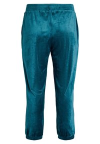 Velvet teal joggers met een elastische tailleband, zijzakken en elastische boorden bij de enkels. Soepele textuur met een glanzende afwerking.