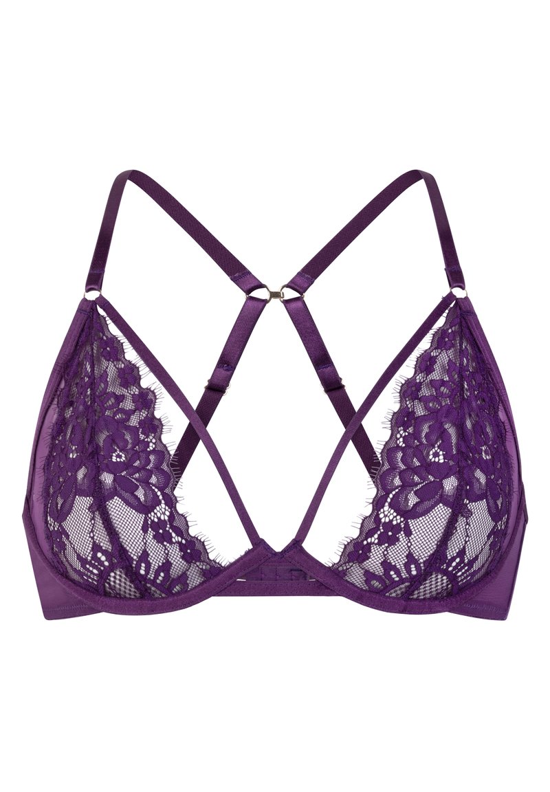Paarse kanten bralette met gaaspanelen, voorzien van verstelbare satijnen schouderbanden en een kruisrugontwerp. Delicate bloemenpatronen verbeteren de textuur.