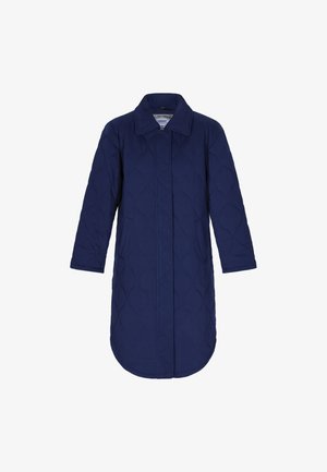 Marineblauwe gewatteerde jas met een puntige kraag, lange mouwen en een rechte snit. Bevat twee zijzakken en een gestructureerde stof met een ruitpatroon.