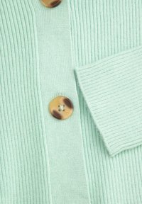 Miętowo-zielony kardigan w prążki z brązowym guzikiem i jedną kieszenią. Miękka tekstura z pionowymi paskami na całej tkaninie.