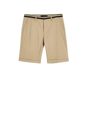 Beżowe krótkie spodenki do kolan z bocznymi kieszeniami, zapięciem na guzik i zamek, szlufkami na pasek oraz czarnym paskowanym detalem na pasku.