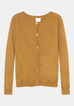 Cardigan à manches longues jaune moutarde avec encolure ronde et six boutons assortis sur le devant, texture en maille et bords-côtes aux poignets et à l'ourlet.