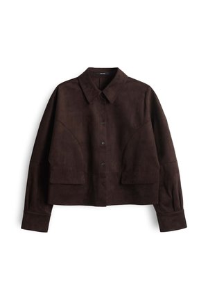 Brown suede cropped jacket with a button front, spread collar, long sleeves, and large patch pockets on the front. Soft texture and minimal design.