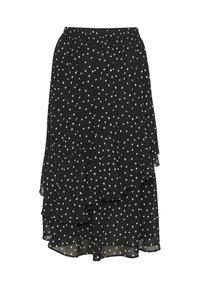 Musthave mustriga seelik, millel on valged muminad, valmistatud kergest kangast, vöökohaga ja kihiliste disainiga, et lisada tekstuuri.