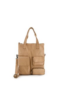 Beige Leder-Shopper mit zwei oberen Griffen, einem verstellbaren Schulterriemen und drei Außentaschen. Hat eine glatte Textur und minimales Zubehör.