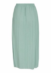Pleated, kesen panjang di kain hijau mint terang dengan pinggang elastis dan garis-garis vertikal untuk menambah tekstur.