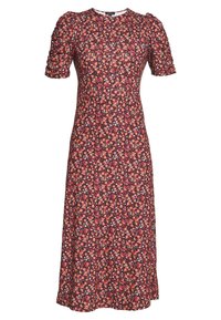 Květinové midi šaty s krátkými nabíranými rukávy, tmavě červeným základem a vícebarevným květinovým vzorem. Měkká látka s přiléhavým živůtkem a sukní do áčkového střihu.