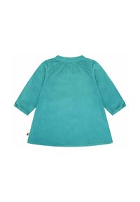 Abito in cotone verde acqua con scollatura rotonda, maniche lunghe e dettaglio arricciato sul retro. Tessuto liscio e forma leggermente svasata.