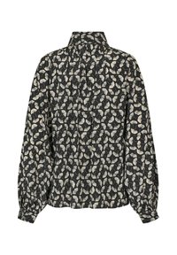 Črna bluzica z vzorcem listov ginka v kremni barvi, s visokim ovratnikom in napihnjenimi rokavi, izdelana iz lahkotnega blaga.