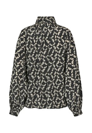 Crna bluzica s uzorkom lišća ginka u boji kreme, s visokim ovratnikom i napuhanim rukavima, izrađena od lagane tkanine.