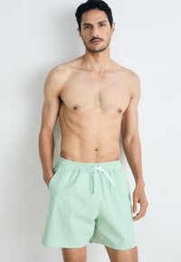 Grønne stribede svømmebukser med elastisk talje og snor. Stoffet er let med en glat overflade. Lommer på siderne.