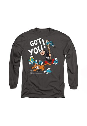 Dark long-sleeve shirt featuring a cartoon design: a man chasing a cat, smurfs, and the text "GOT YOU!" in bold white letters.