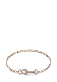 Ceinture en chaîne en or rose avec des accents circulaires entrelacés et un lien central allongé, ornée de petites pierres précieuses claires pour la texture.