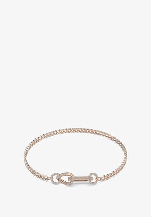 Ceinture en chaîne en or rose avec des accents circulaires entrelacés et un lien central allongé, ornée de petites pierres précieuses claires pour la texture.