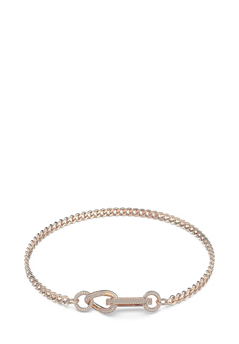 Ceinture en chaîne en or rose avec des accents circulaires entrelacés et un lien central allongé, ornée de petites pierres précieuses claires pour la texture.