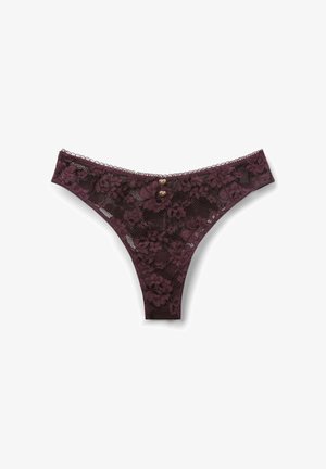 Burgundy lace thong featuring floral patterns, a scalloped edge, and two gold heart-shaped buttons at the back for added detail.