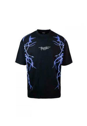 T-shirt nera in cotone con maniche corte, presenta grafiche di fulmini blu sui lati e testo bianco sul petto. Design con collo rotondo.