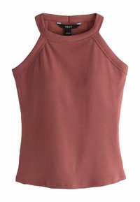 Débardeur en maille côtelée sans manches couleur rose poudré avec col montant et design incurvé aux épaules, étiquette indiquant la marque "Next."