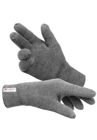 Guanti grigi lavorati a maglia con texture a coste, dotati di slot per le dita distintivi e un'etichetta sul polsino. Materiale resistente progettato per il calore.