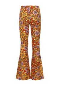Uitlopende broeken in een oranje basis met een bloemenpatroon met gele, roze en zwarte accenten. Gemaakt van een rekbare stof.