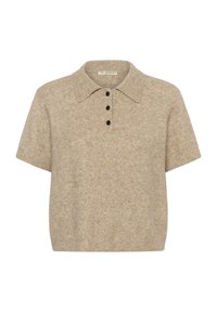 Rövid ujjas bézs polo pulóver, puha anyagból készült, gallérral és három fekete gombbal az elején.