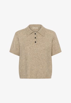 Maglione polo beige a maniche corte realizzato in materiale morbido, con colletto e tre bottoni neri sul davanti.