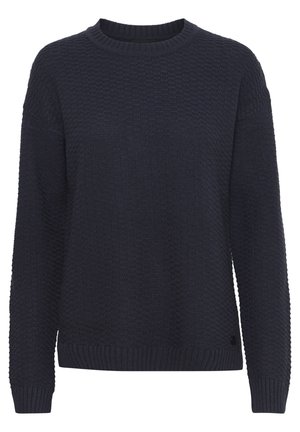 Navy knitted sweater featuring a textured pattern, crew neckline, and ribbed cuffs and hem. Made from a soft, cozy fabric.