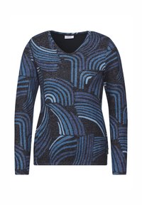 Langarm-Pullover in dunkelblauem Grundton mit abstrakten, geschwungenen Streifen in verschiedenen Blautönen. V-Ausschnitt-Design mit weicher Textur.