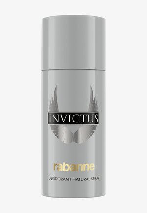 Silberne zylindrische Deospray-Dose mit schwarzem Flügeldesign, "INVICTUS" in schwarzer Box und goldener "rabanne"-Markierung auf der Vorderseite.