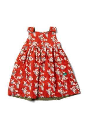 Red cotton dress with floral and bunny print, adjustable straps, button accents, gathered skirt, and a green hem. Features side pockets.