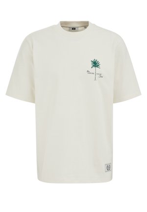 Off-white majica kratkih rukava s malom zelenom palmom i tekstom "The Leisure Court Club" na gornjem lijevom dijelu prsa.