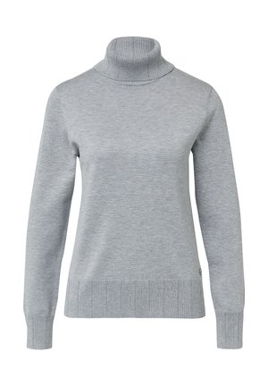 Jasnoszary sweter w serek wykonany z miękkiego materiału, z prążkowaną teksturą przy szyi i u dołu, o standardowym kroju i długich rękawach.