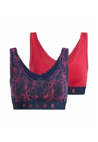 Two bras: one navy with red floral pattern, the other solid red. Both feature wide straps and a contrasting band with "FALKE" logo.