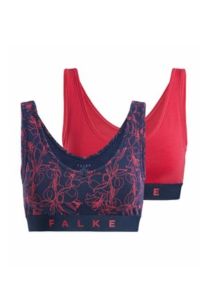 Twee beha's: een marineblauwe met een rood bloemenpatroon, de ander effen rood. Beide hebben brede bandjes en een contrasterende band met het "FALKE" logo.