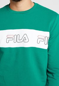 Muž v zelené mikině s bílým horizontálním pruhem, na němž je vyznačený černý a červený logo FILA napříč hrudníkem.