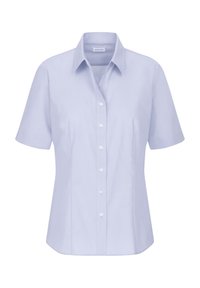Ljusblå kortärmad skjorta med knäppning och spetsig krage, tillverkad av mjukt tyg, med skräddarsydd passform och vita knappar.