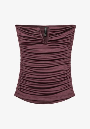 Burgunderfarbener ärmelloser Top mit gerafftem Textur, V-Ausschnitt und glattem Stoff, mit horizontalen Rüschen und abgerundetem Saum.