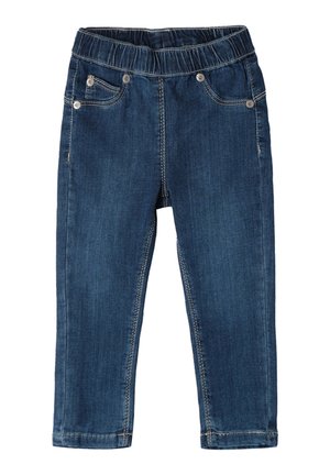 Pantalones de mezclilla azul oscuro con cintura elástica, diseño de cinco bolsillos y costuras en contraste. Textura suave y corte ajustado.
