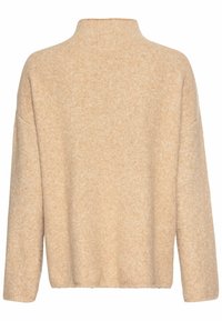 Beige strikket pullover sweater med høj hals, lange ærmer og en afslappet pasform. Blød tekstur med et subtilt spottet mønster.