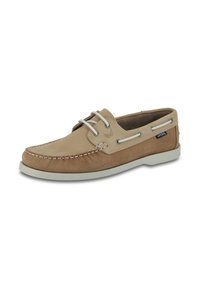 Zapato de barco de cuero marrón claro con acentos blancos, diseño con cordones, detalles de costura, plantilla acolchada y suela de goma.