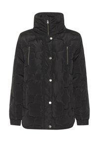 Must must jacket kõrge kraega, millel on tikandiga disain, kaks lukuga rinnataskut ja nupuga sulgemine. Sile, läikiv tekstuur.