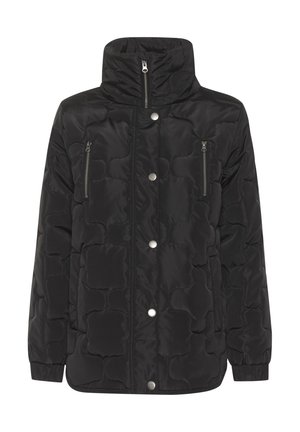 Must must jacket kõrge kraega, millel on tikandiga disain, kaks lukuga rinnataskut ja nupuga sulgemine. Sile, läikiv tekstuur.