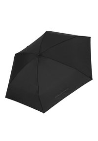 Ombrello nero con tessuto opaco e liscio. Presenta un mozzo centrale e stecche, con un design compatto. Include il logo "Piquadro".