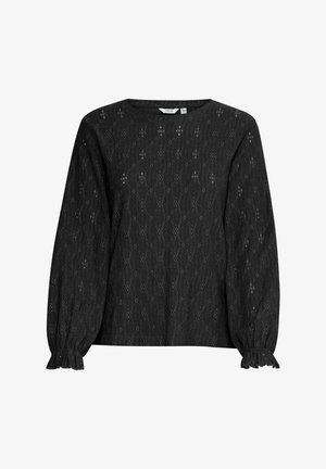 Czarna bluzka z długim rękawem, zdobiona teksturowanym wzorem koronkowym, okrągłym dekoltem oraz marszczonymi mankietami z falbaniastym wykończeniem.