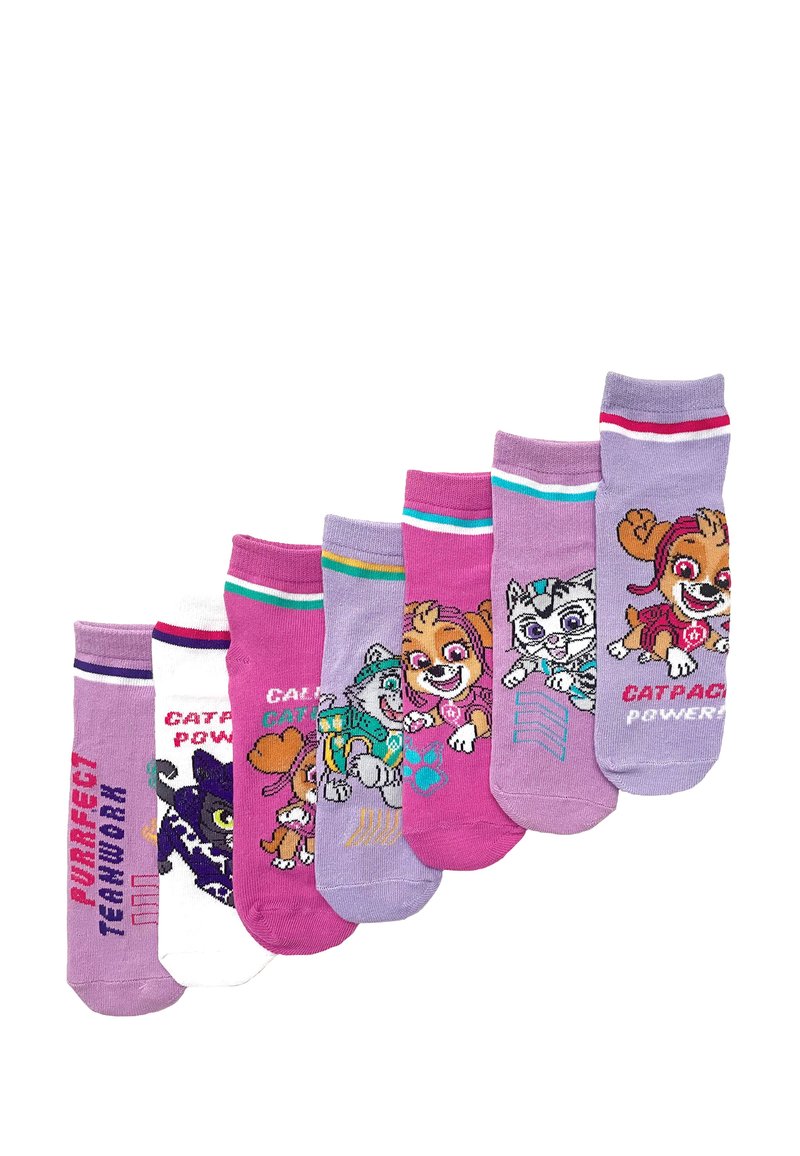Conjunto de siete calcetines de algodón coloridos que presentan varios personajes de dibujos animados, principalmente en tonos de púrpura, con texto y patrones.
