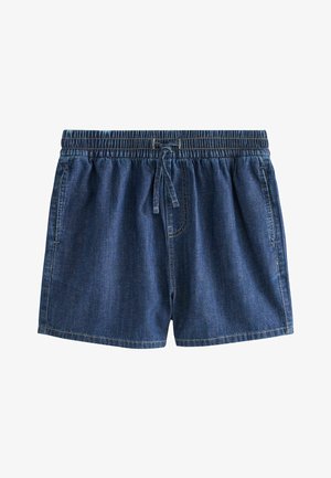 Pantaloni scurți din denim albastru închis cu talie elastică și șnur frontal, având buzunare laterale și cusături vizibile.