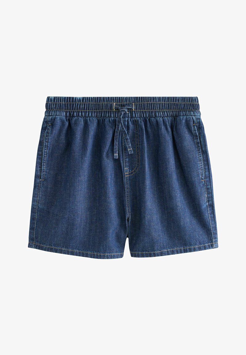 Short en denim bleu foncé avec taille élastique et cordon de serrage à l'avant, doté de poches latérales et de coutures visibles.