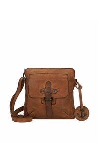 Borsa a tracolla in pelle marrone con pattina frontale, chiusura con fibbia e ciondolo logo laterale con design di un'ancora. Dettagli a cucitura sui bordi.