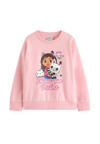 Roze sweatshirt met ribgebreide boorden, met een cartoonontwerp van een meisje en dieren, en de tekst "Volg je Dromen" in witte schrift.